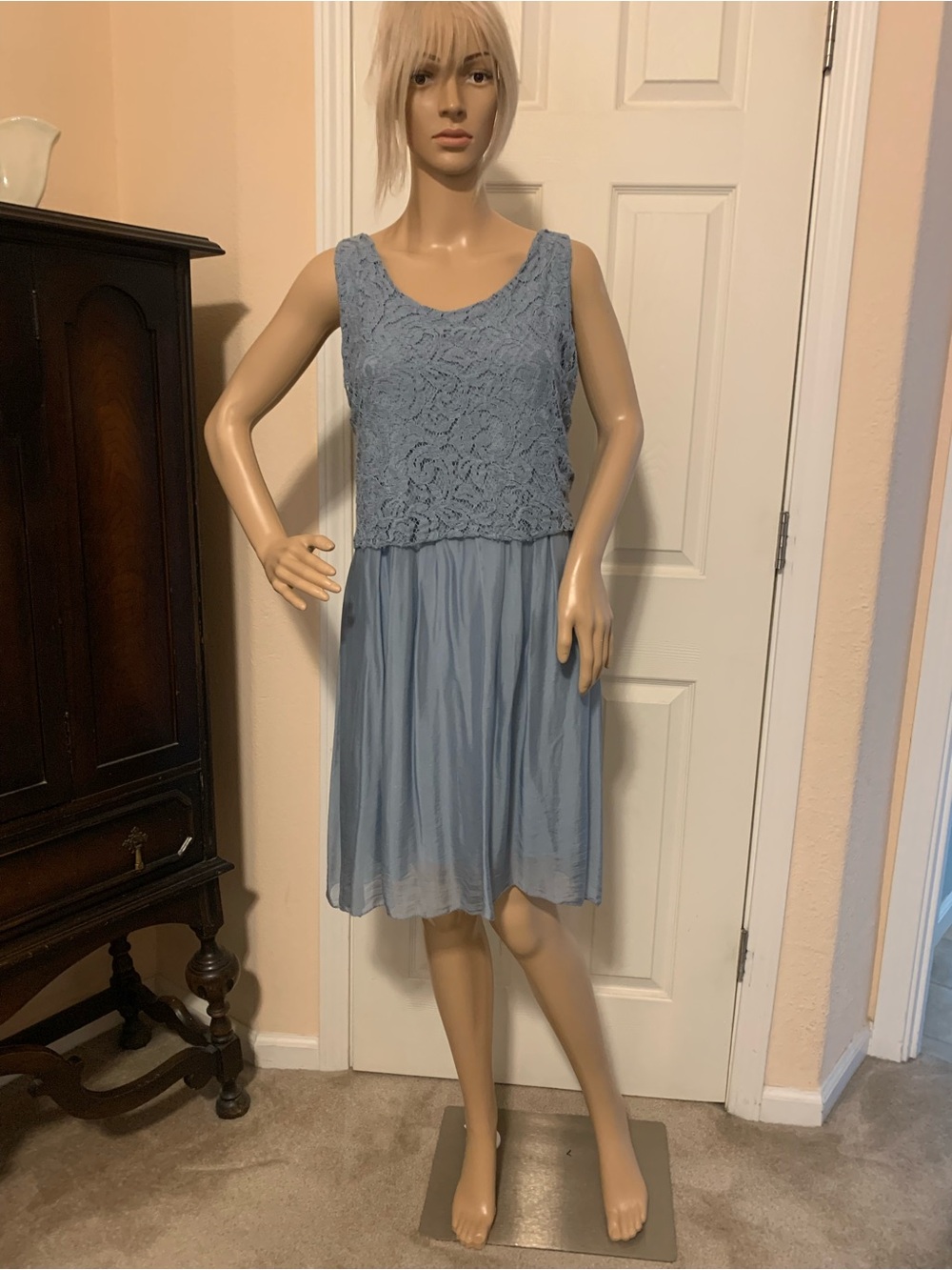 Tempo Paris Light Blue Lace Bodice Chiffon Dress